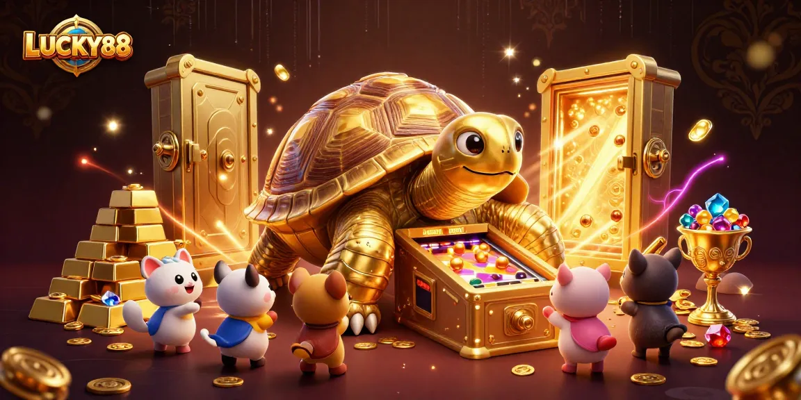LUCKY88 casino illustration featuring a colossal golden tortoise pinball machine, vibrant treasures, and playful animals.