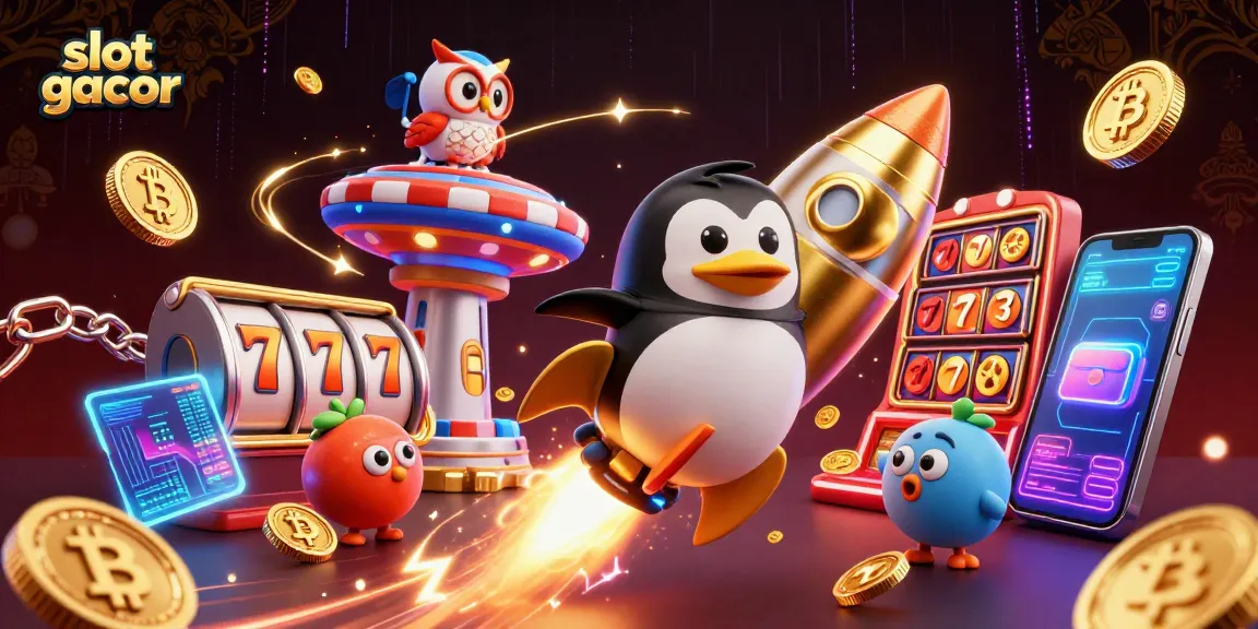 Putaran slot gacor di kasino luar angkasa dengan penguin emas dan koin berkilau.