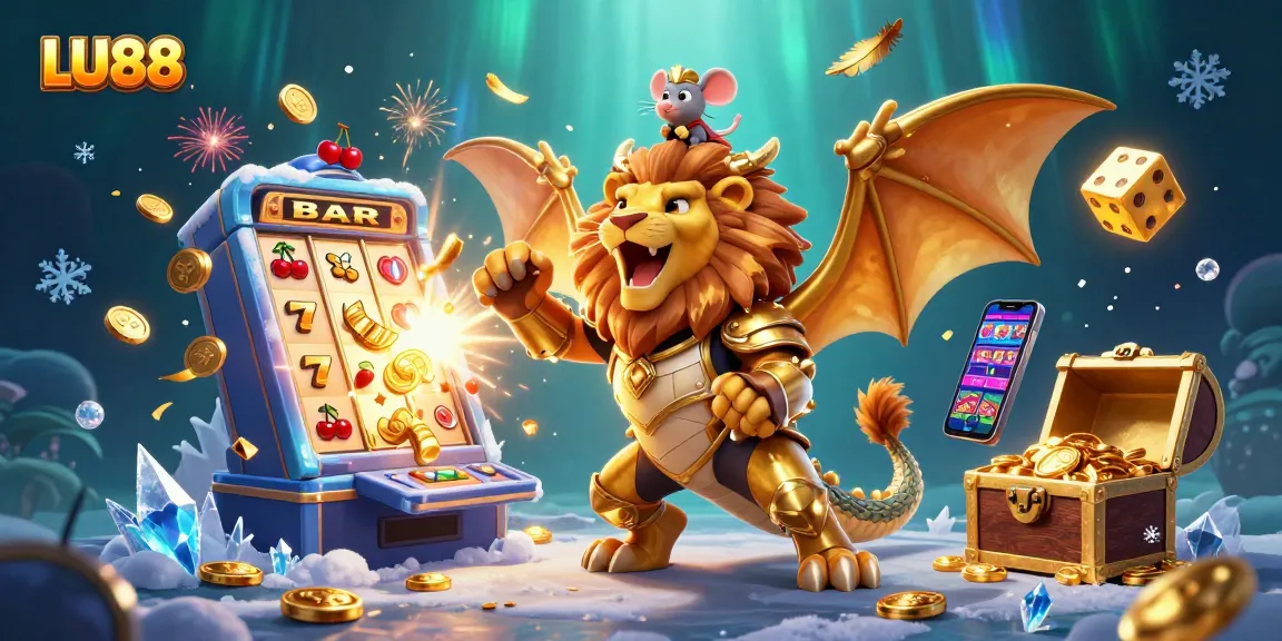 LU88 offers a vibrant casino adventure featuring a golden chimera and exciting slot machine action.