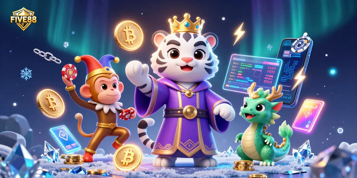 Engage with FIVE88's vibrant casino atmosphere featuring playful characters and dynamic gaming elements.