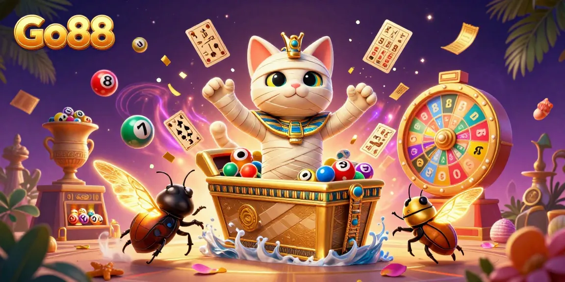 Engage in exciting games at Go88 featuring vibrant scenes of the Egyptian mummy cat among casino themes.
