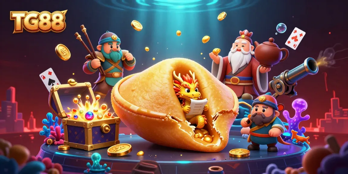 Experience the thrill of TG88 casino games with a vibrant 3D illustration of a golden fortune cookie and magical characters.